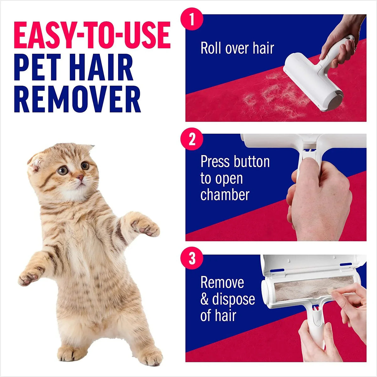 Easy-to-use pet hair remover tool with 3-step guide for removing cat hair from surfaces