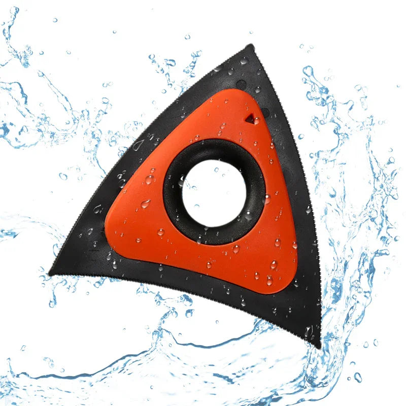 Triangle window scraper with orange handle, black rubber edge, water droplets, ideal for glass cleaning