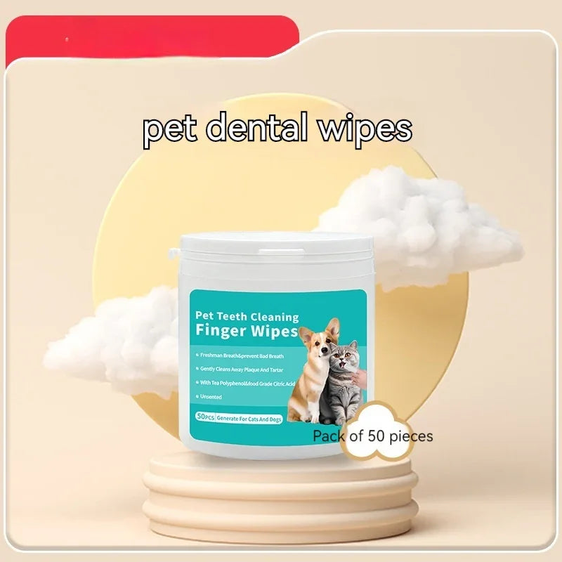 Pet dental wipes for cats and dogs, 50-count finger wipes with tea polyphenols, gentle plaque removal