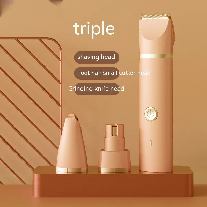 Triple head electric shaver with shaving, foot hair cutter, and grinding knife attachments