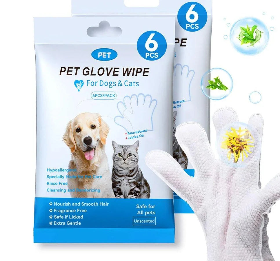 Pet glove wipes for dogs and cats, hypoallergenic, unscented, with aloe and jojoba oil, 6 pcs pack