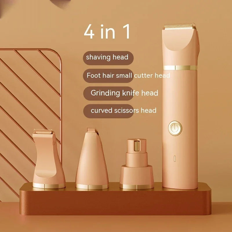 4-in-1 electric grooming tool with shaving, foot hair, grinding, and curved scissors heads