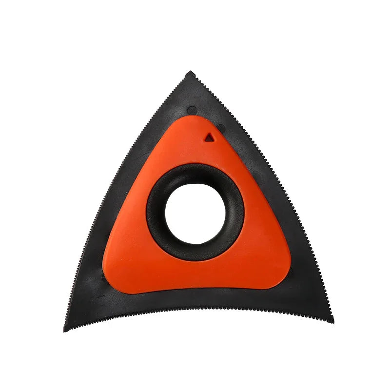 Triangular orange and black multi-tool blade with central hole for universal fit