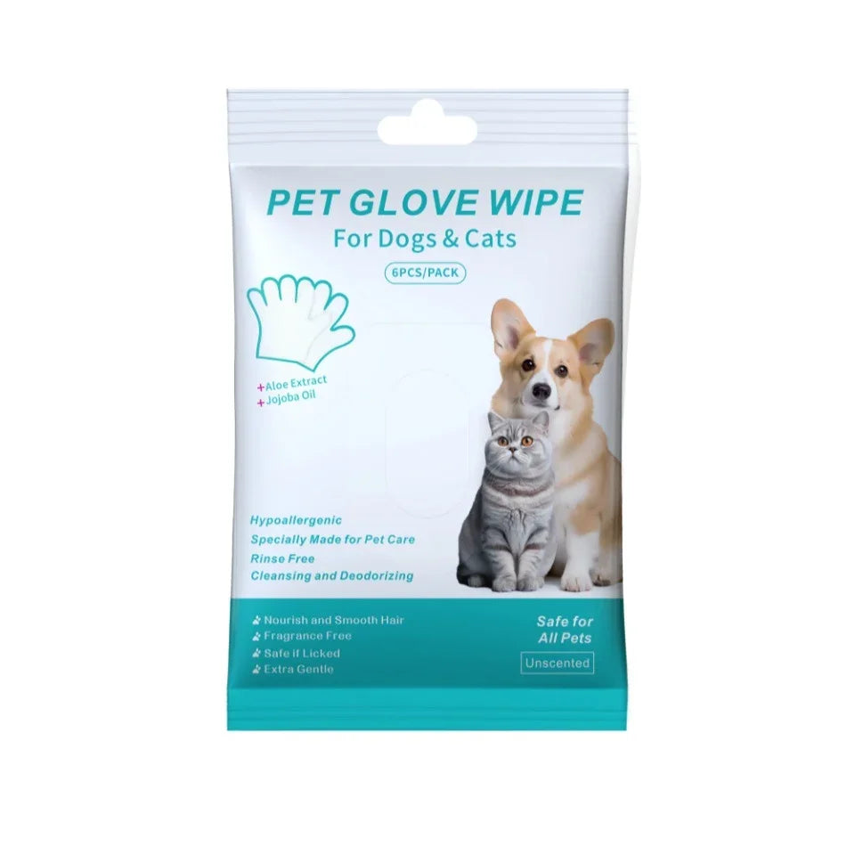 Pet glove wipe for dogs and cats, hypoallergenic, unscented, with aloe and jojoba oil, safe for all pets