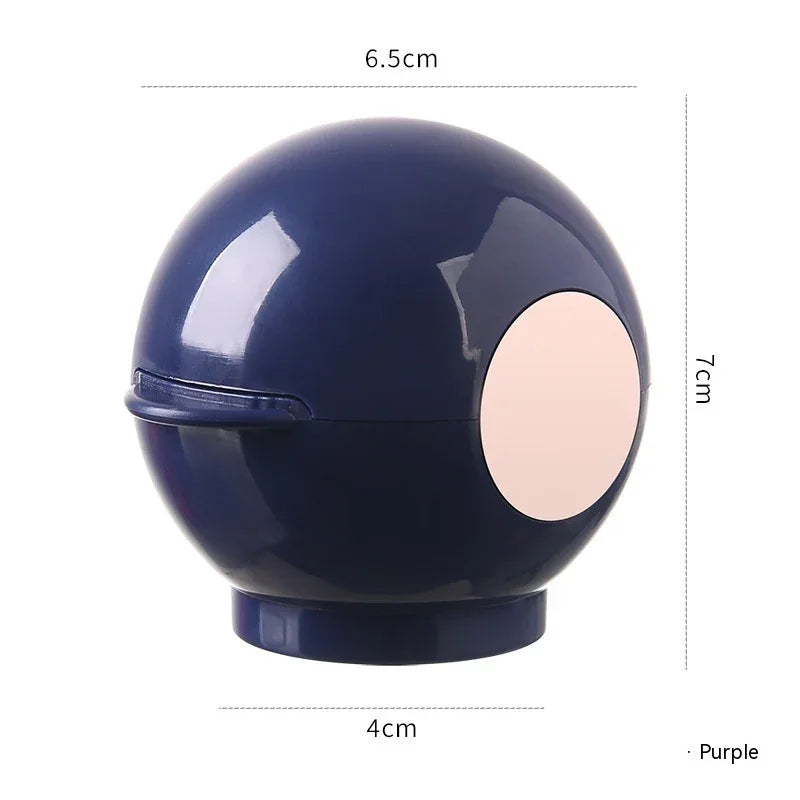 Purple spherical pet food dispenser, 7cm tall, with pink circular panel and measurement labels