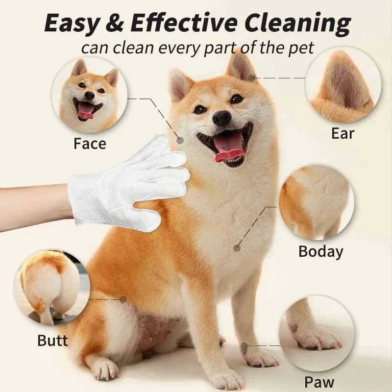 Pet grooming glove cleaning dog face, ears, body, butt, and paws for easy effective care