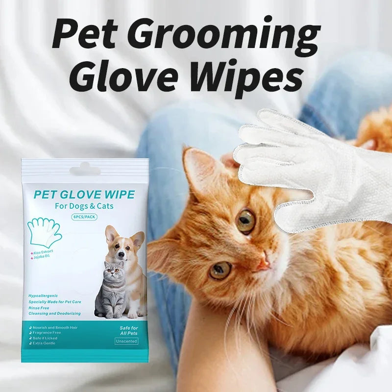 Pet grooming glove wipes for cats and dogs, gentle hypoallergenic cleaning with aloe and jojoba oil