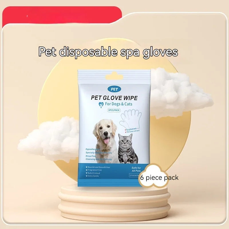 Pet disposable spa gloves for dogs & cats, 6-piece hypoallergenic wipe pack, gentle grooming care