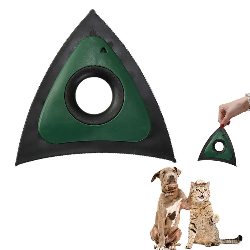 Green and black triangular pet hair remover tool with dog and cat, ideal for fur-free living