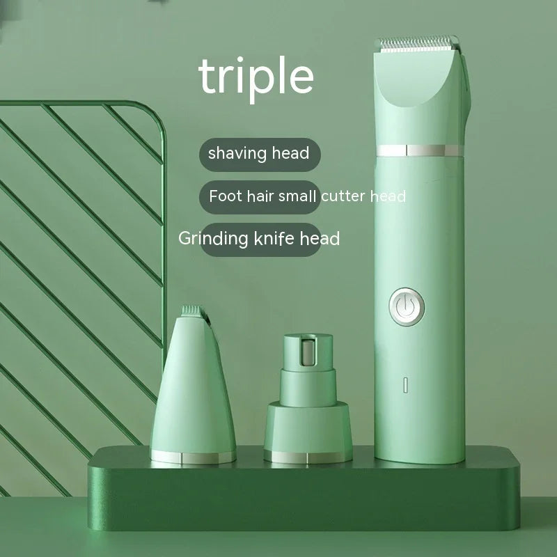 Triple-head pet grooming tool with shaving, foot hair cutter, and grinding knife attachments