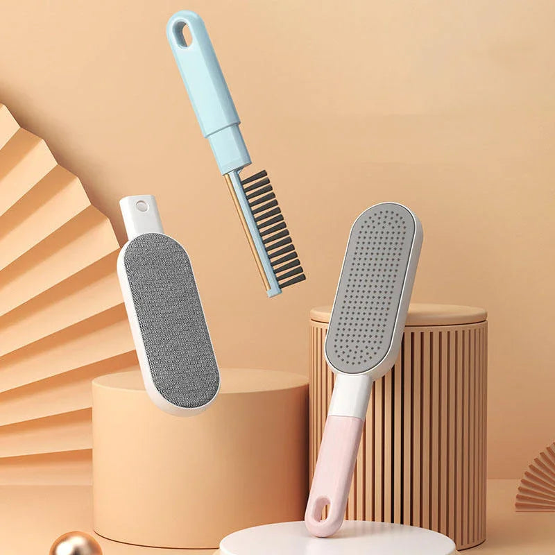 Three pet grooming brushes with soft bristles and ergonomic handles on modern display stands
