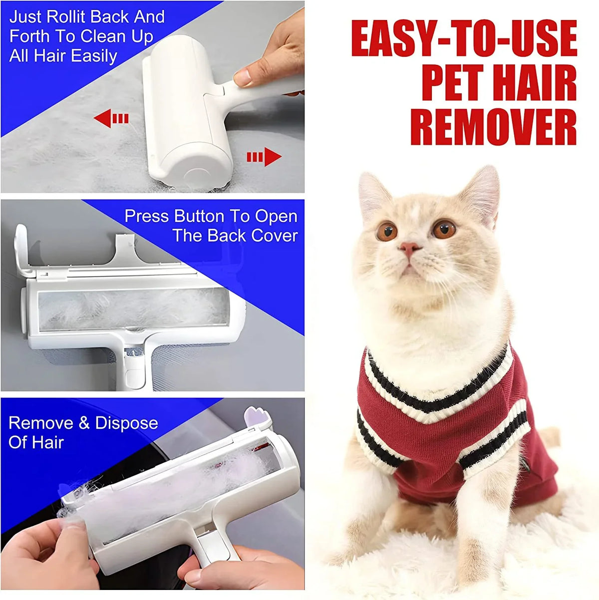 Easy-to-use pet hair remover roller for cats and dogs, rolls up fur, opens to dispose hair