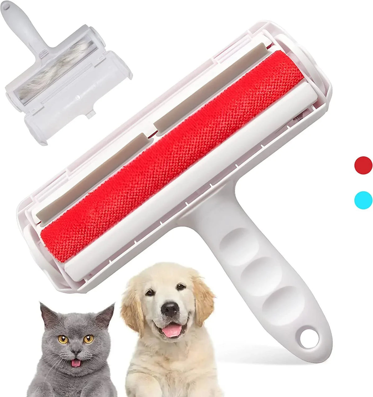 Pet hair remover roller with red sticky tape, ideal for dog and cat fur on clothes and furniture