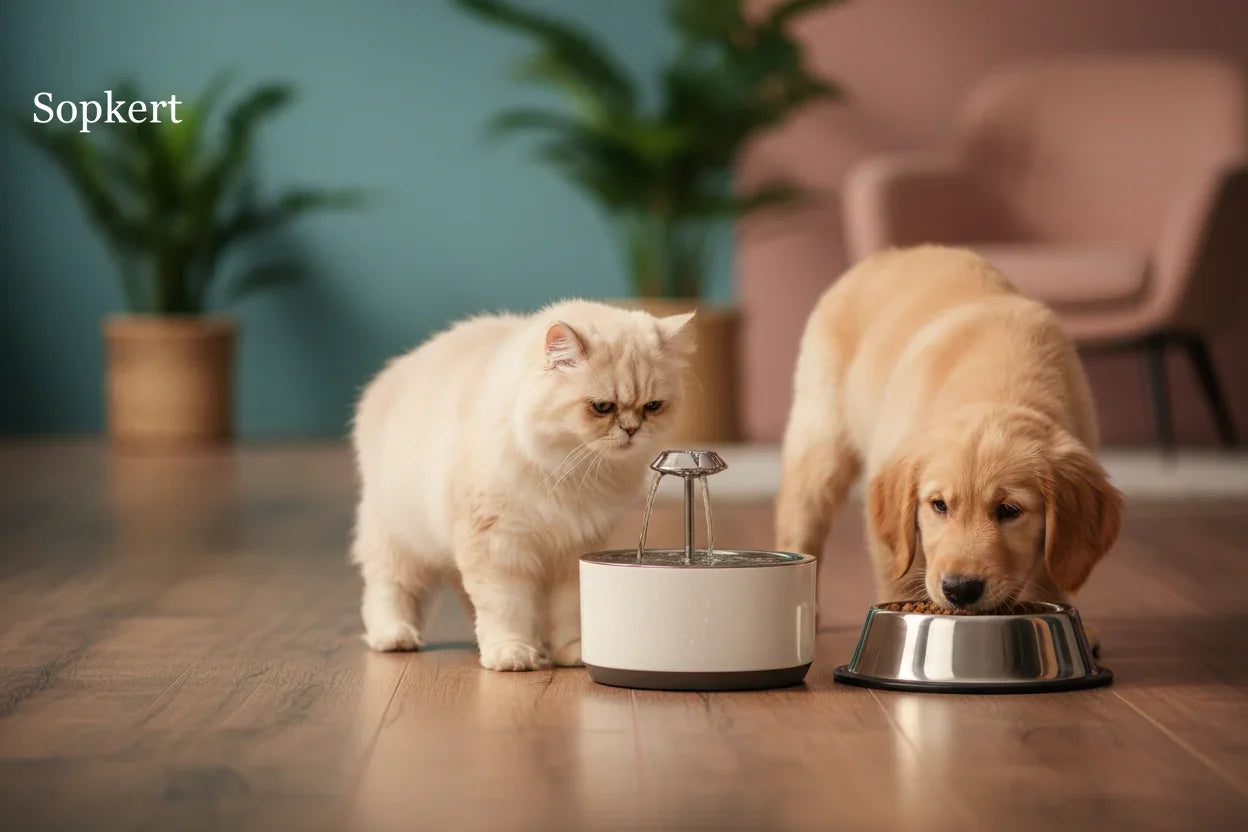 Cat and dog drinking from a water fountain and bowl on a wooden floor.
