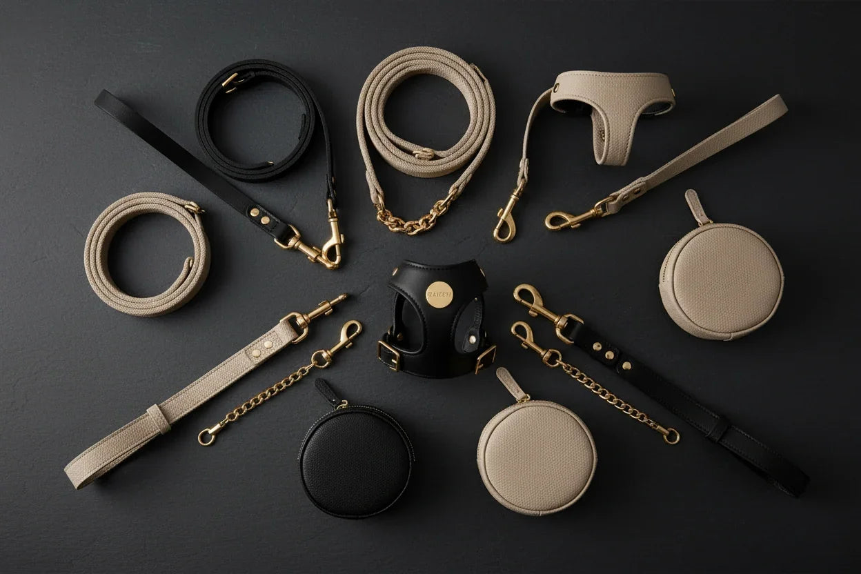 Collection of leather accessories including belts, straps, and cases on a dark background