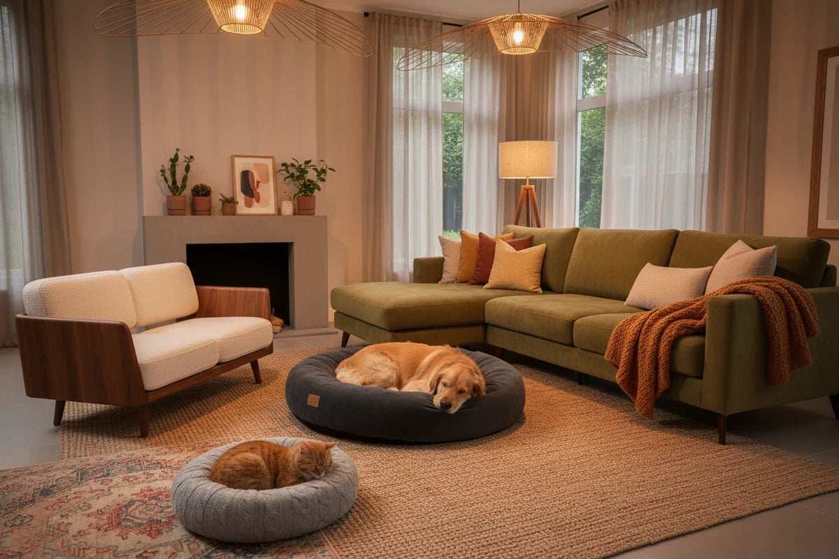 Living room with two dogs on pet beds, a green sofa, and a fireplace.