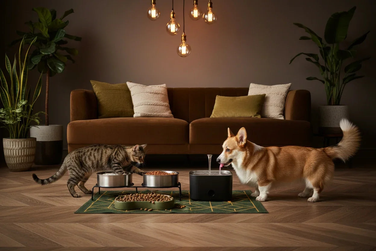 Cat and dog eating from bowls on a rug in a cozy living room.