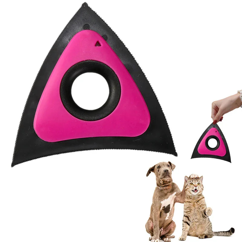 Pink and black triangular pet hair remover tool with cat and dog, ideal for fur-free living