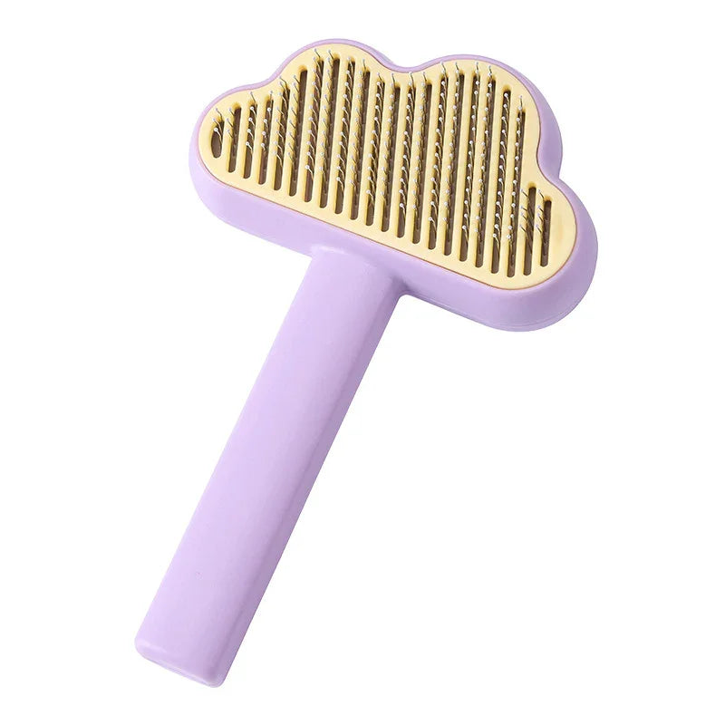 Purple cloud-shaped pet grooming brush with metal bristles for fur removal