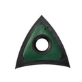 Green and black triangular oscillating tool blade with serrated edges for multi-purpose cutting tasks