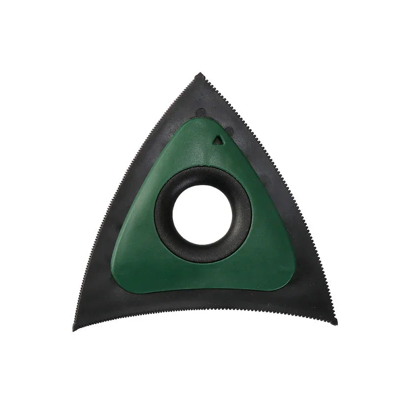 Green and black triangular oscillating tool blade with serrated edges for multi-purpose cutting tasks