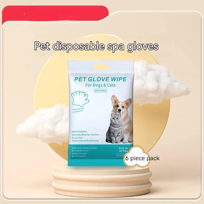 Pet disposable spa gloves for dogs & cats, hypoallergenic 6-piece pack with aloe and jojoba oil