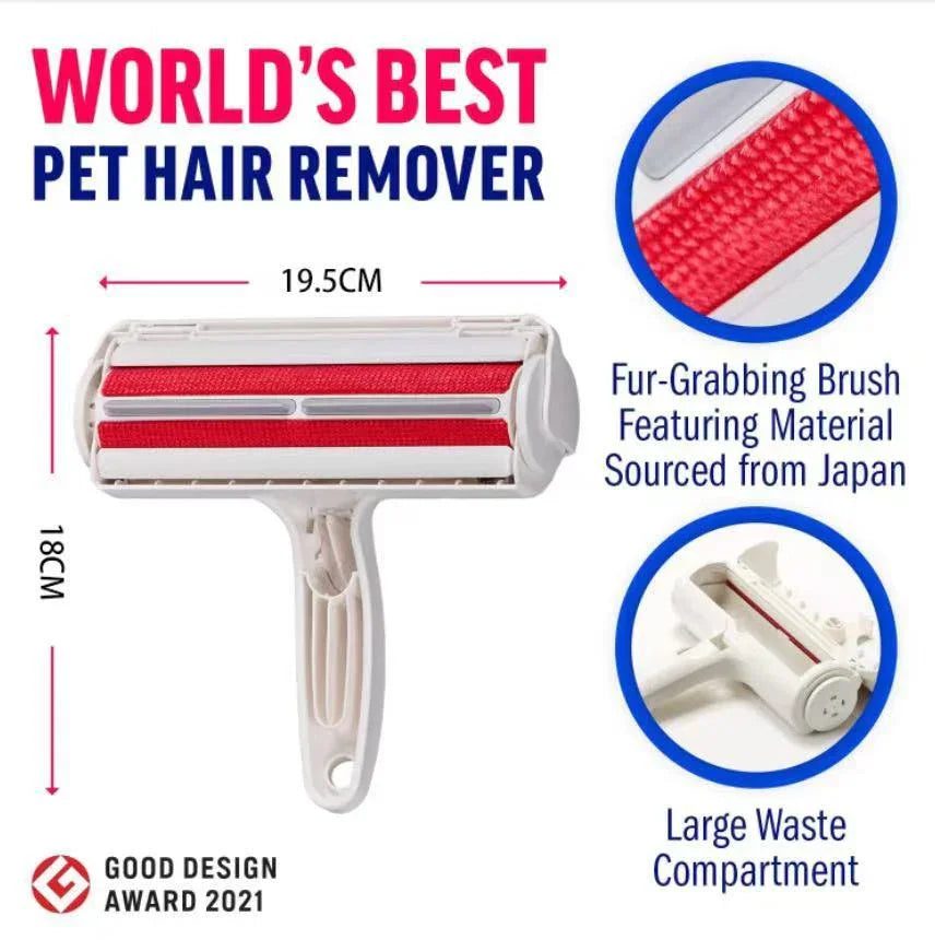 Pet hair remover roller with red fur-grabbing brush, 19.5cm wide, large waste compartment, Good Design Award 2021