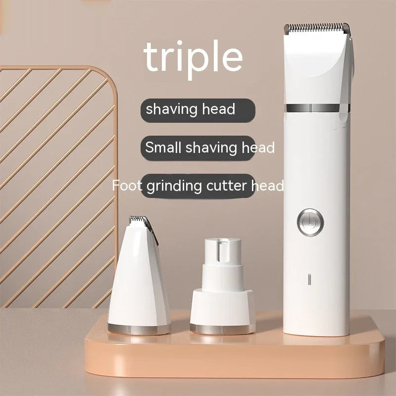 Triple-head pet grooming clipper with shaving and foot grinding attachments for fur-free care