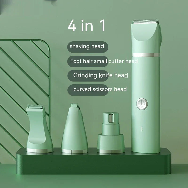 4-in-1 pet grooming kit with shaving, foot hair, grinding, and curved scissors heads