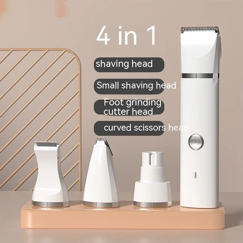 4-in-1 electric shaver with shaving, foot grinding, and curved scissors heads for personal grooming