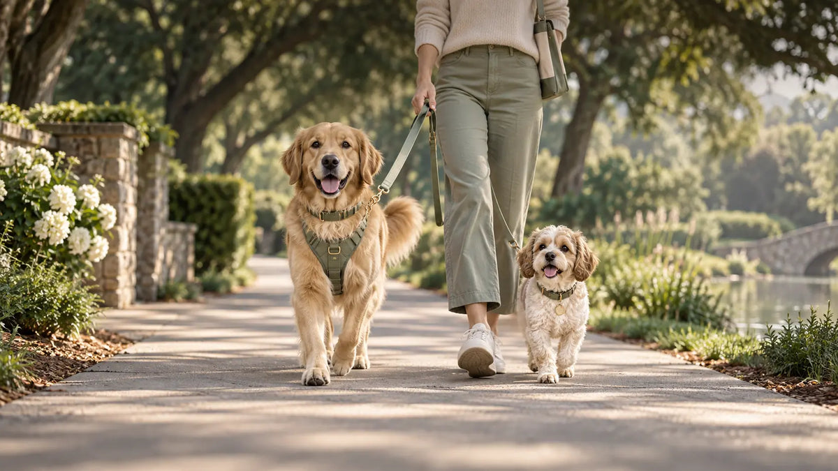 Dogs walking safely outdoors with harnesses collars and leashes