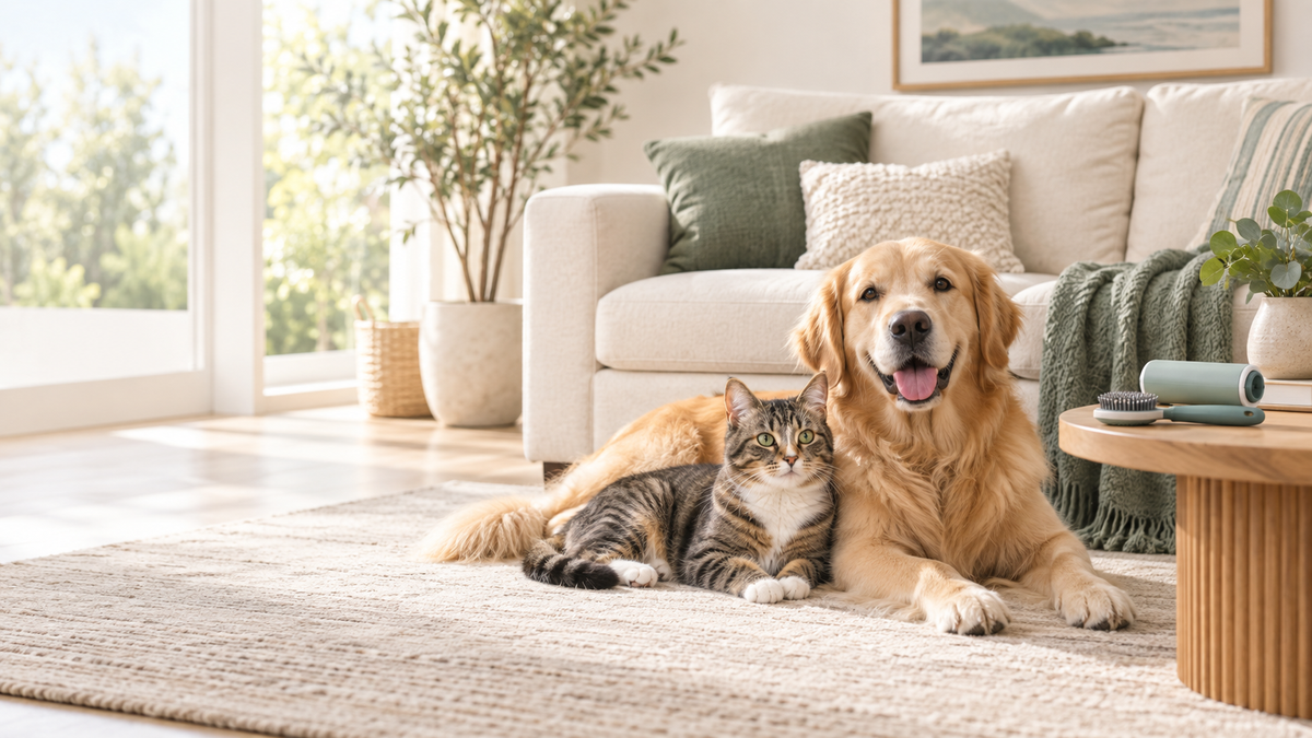 Happy dog and cat relaxing in a clean modern living room with pet grooming tools