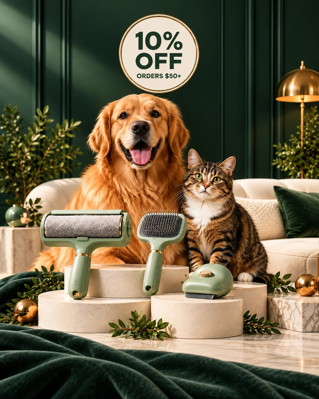 Mobile 10 percent off pet hair remover promotion for orders over 50 dollars