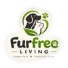 A logo for 'Furfree Living' featuring a stylized green and black dog and cat silhouette inside a heart and leaf shape, with the text 'Furfree LIVING' and the tagline 'Happy Pets Healer Lives' on a white background with a soft yellow glow.